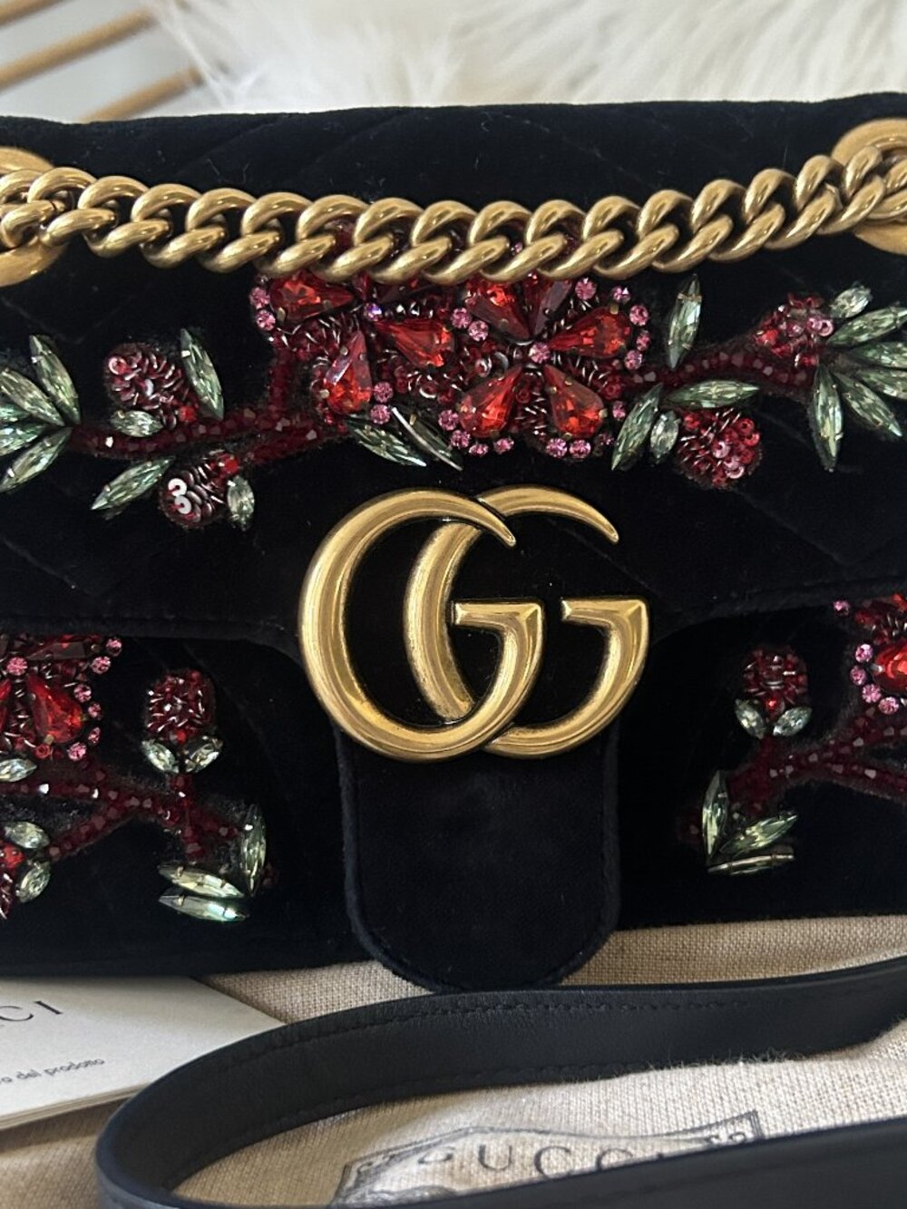 Gucci  Marmont Mini  in Embroidered  Jeweled Black Velvet Crossbody Shoulder Bag